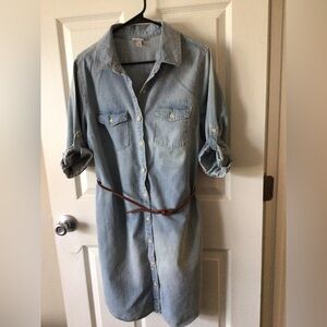 Light Blue Denim Shirt Dress with Brown Belt